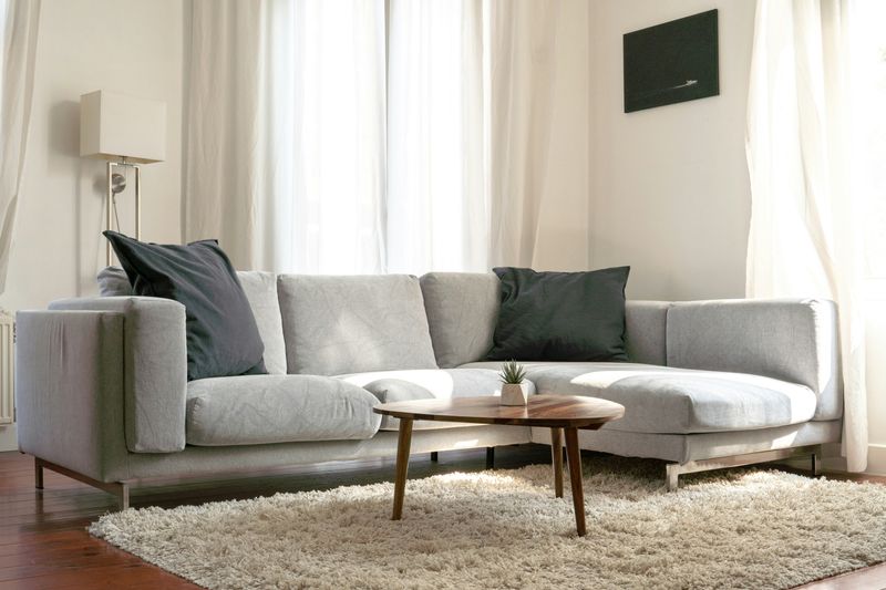 A living room with a sofa, coffee table, and rug.