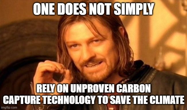 Bormir from Lord of the Rings says, 'One does not simply rely on unproven carbon capture technology to save the planet.'