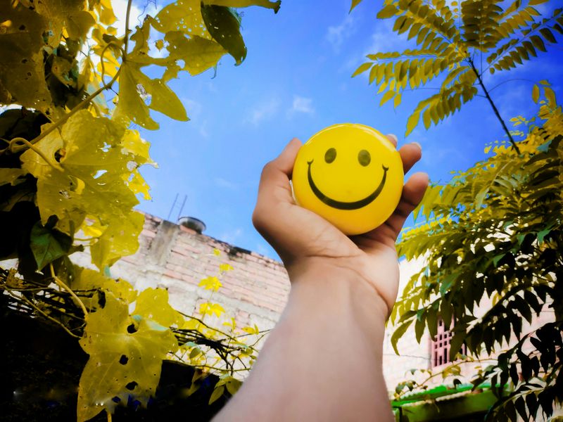 A person in an urban garden holding a happy face button towards the sky.