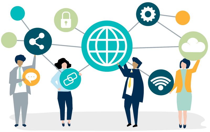 Illustration: Four business people connecting various communication icons (globe, chain, chat, lock, gear, wifi) in a network