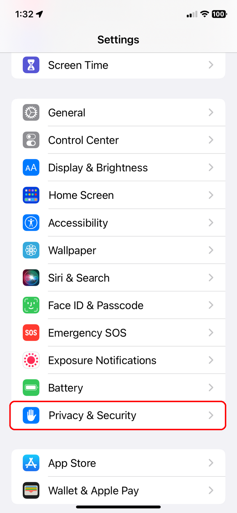 Settings menu with Privacy & Security highlighted.