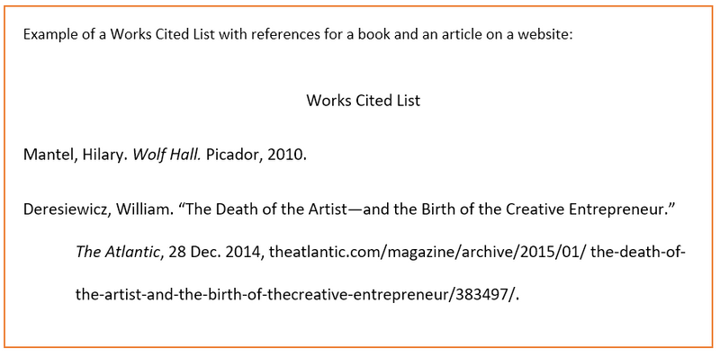 Example of a Works Cited List with references for a book and an article on a website. Click the link below for text examples.
