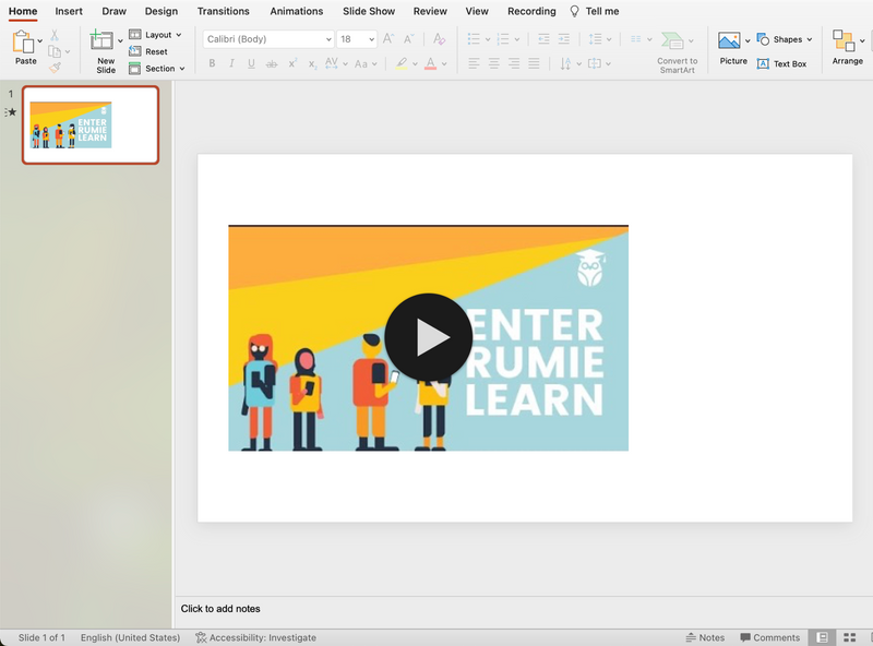 A screenshot of a Rumie Learn video thumbnail inserted into a blank PowerPoint.
