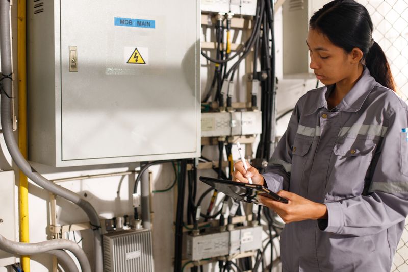 Woman in grey uniform with a clipboard checking a control box