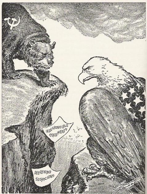 A political cartoon that depicts an eagle (the US) in conflict with a bear (the Soviet Union).