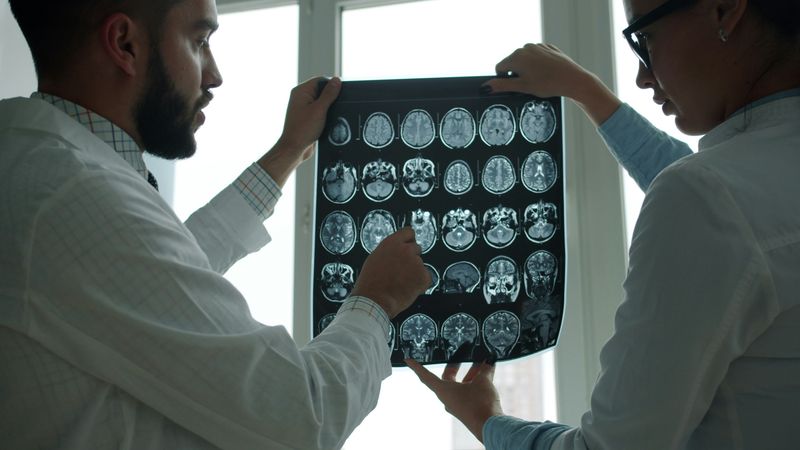 Two doctors look at a series of MRI scans.