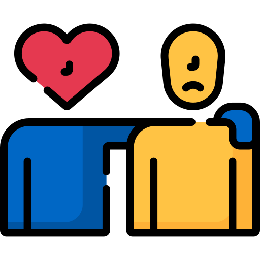 Icon: Two people, one has a heart shaped head and puts their arm around the other's shoulder who has a frowning face