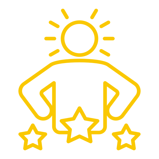 A pictogram of a human with hands on hips in a gold outline with three stars underneath