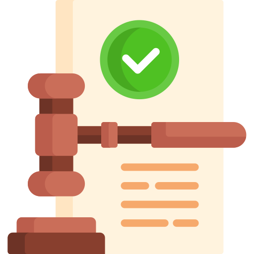 Icon of a certified document with a gavel in front of it