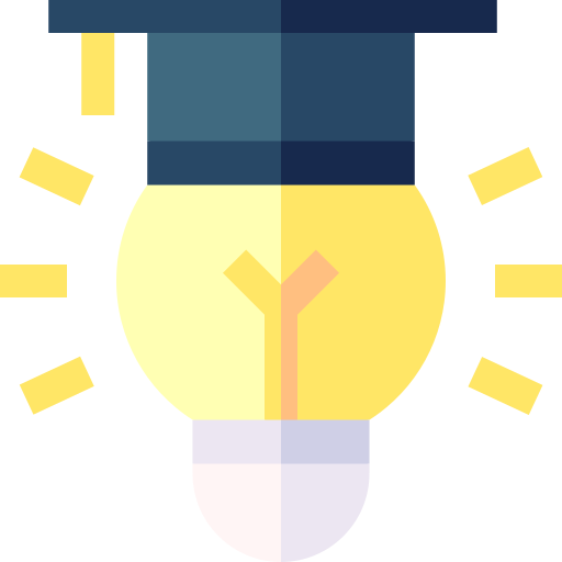 Icon of a yellow  lightbulb with a black graduation hat.