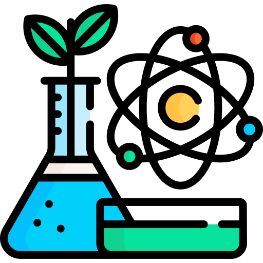 Icon of a beacon, petri dish and atom