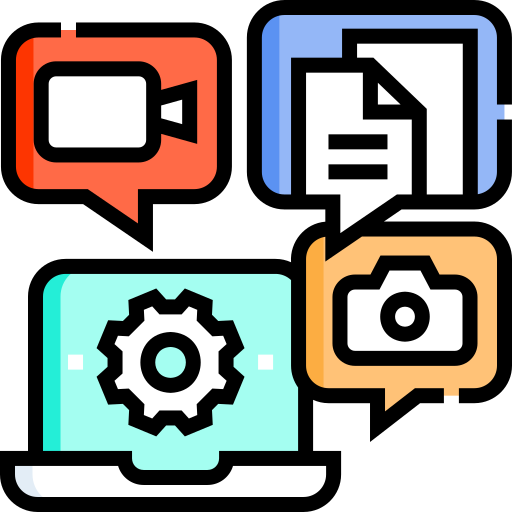 Icon: Laptop with a gear symbol, and 3 speech bubbles with video, camera, and paper document symbols