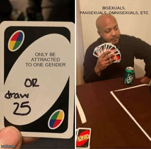 A person holds an Uno card that reads: 'Only be attracted to one gender or draw 25.'