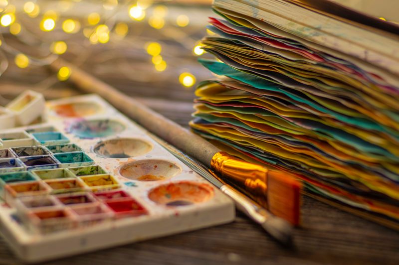 Painting supplies on a table.