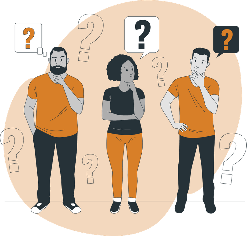 Three BIPOC adults are thinking with question mark symbols around them and above head. Two are masculine and one is feminine.