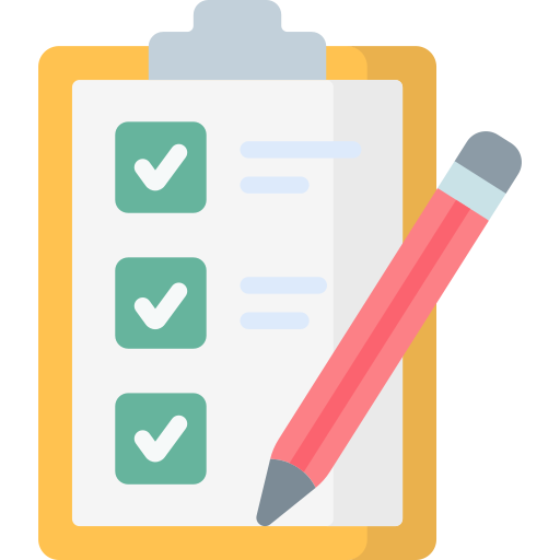 An icon image of a clipboard and pen with a sheet of paper with checklist items