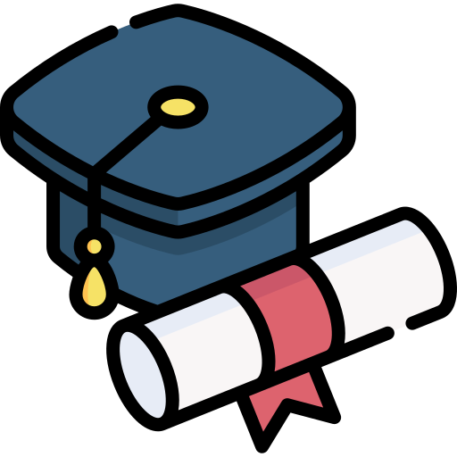 Blue Mortar Board and Degrees Scroll with Ribbon Icon