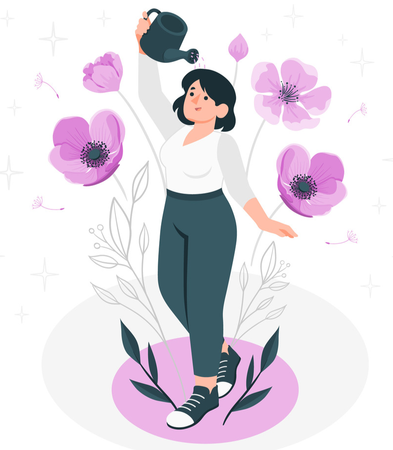 I;;ustration of a young woman surrounded by flowers and holding a watering can over her head