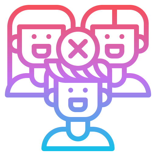 Three animated people with an X sign between them
