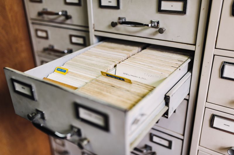 Card catalog with a drawer open that is filled with cards