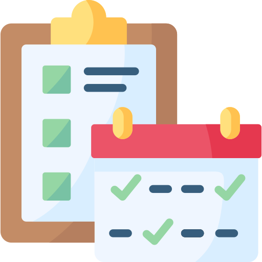 A paperboard with a paper and calendar, both with checkboxes and checkmarks.