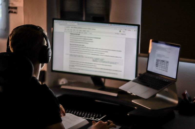 A person studying on a computer. 