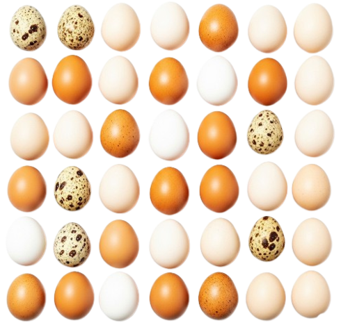 Various colored eggs arranged in rows and columns.