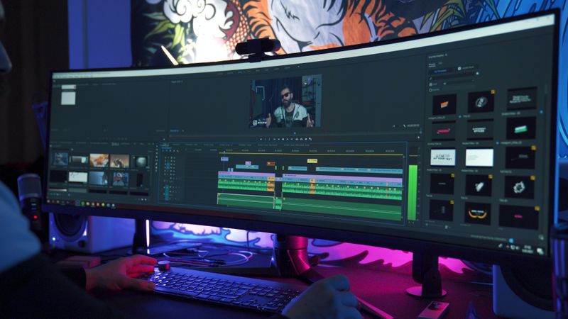 A content creator using studio software on a large screen to edit a video.