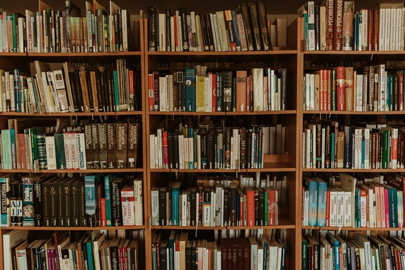 Three brown shelves with 4 levels each filled with different colors and sizes of books.