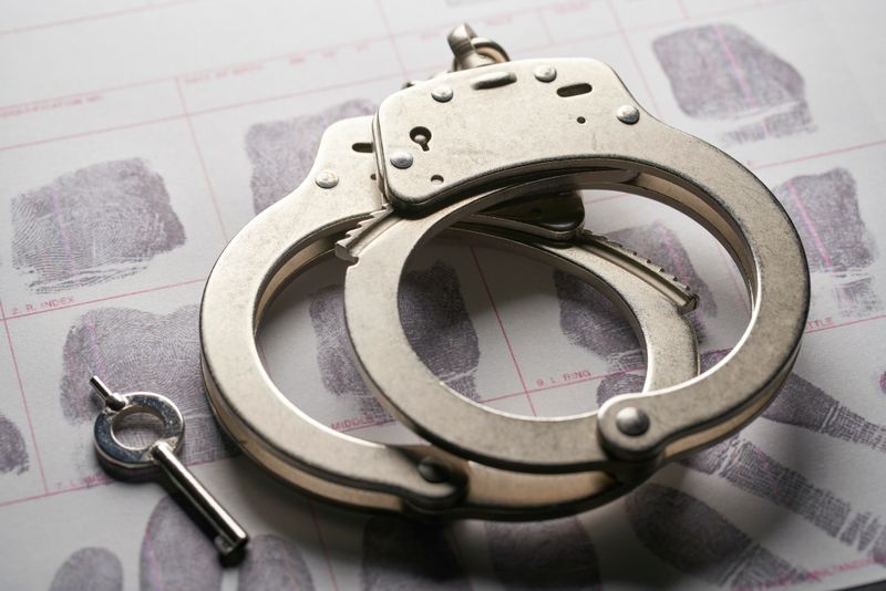 Silver handcuffs with key beside it sitting on top of a sheet of fingerprint identification. 