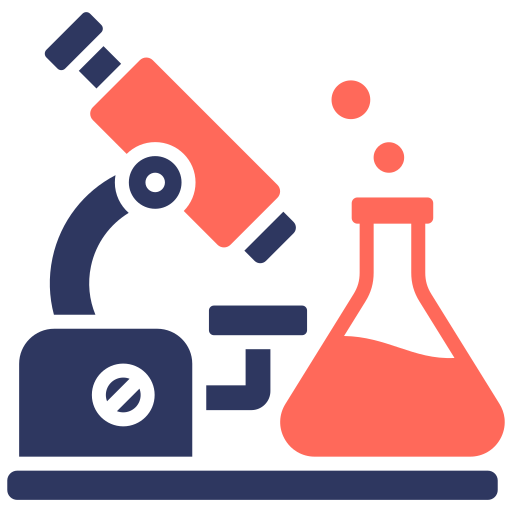 Orange and navy blue microscope and an orange science beaker.