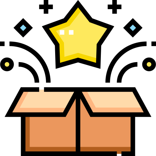 Icon showing a star and confetti emerging out of a cardboard box - symbolising something new and exciting.