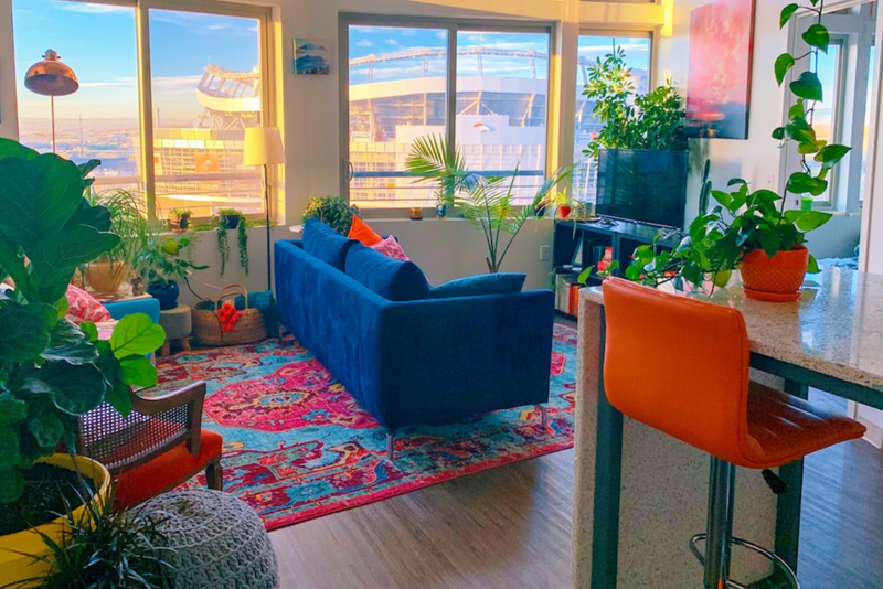 A patterned rug in a brightly colored living room.