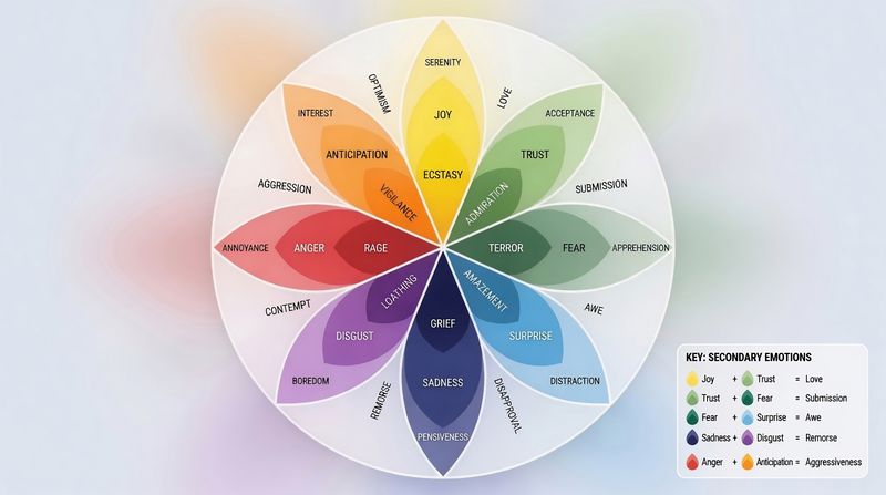 Plutchik’s Wheel of Emotions: circular diagram of eight primary emotions and the secondary emotions.                      