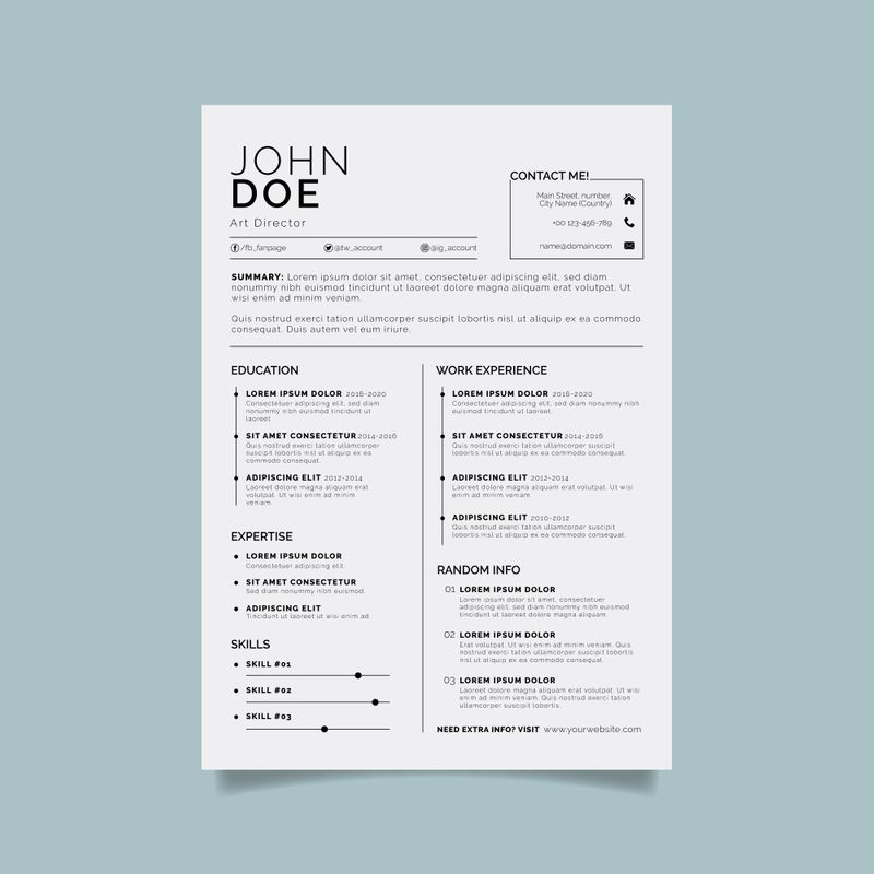 Resume on a blue-ish background. Main content is 10-12 point size. Headers and section titles at 12-16 points.