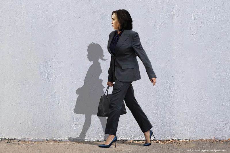 A painting of Kamala Harris walking. A shadow of Ruby Bridges walks in front of her on a wall.