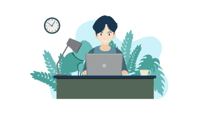 Illustration of male student at desk with laptop, table lamp, coffee cup and wall clock in the background with plants