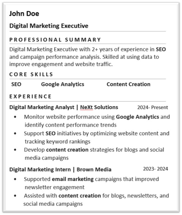 A resume that shows key skills naturally women into the professional summary and experience sections. 