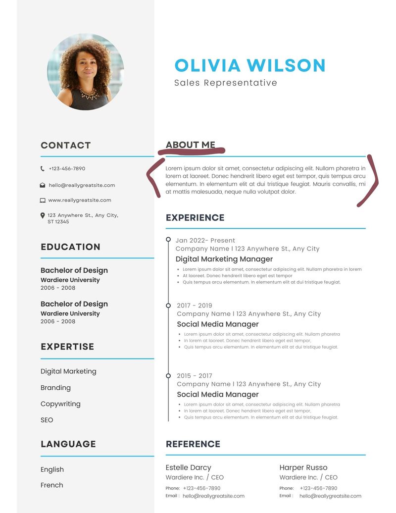 Resume with an 'About Me' section