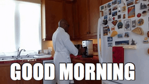 GIF of a man in a bath robe drinking coffee straight from the coffee pot in his kitchen with the words Good Morning written.