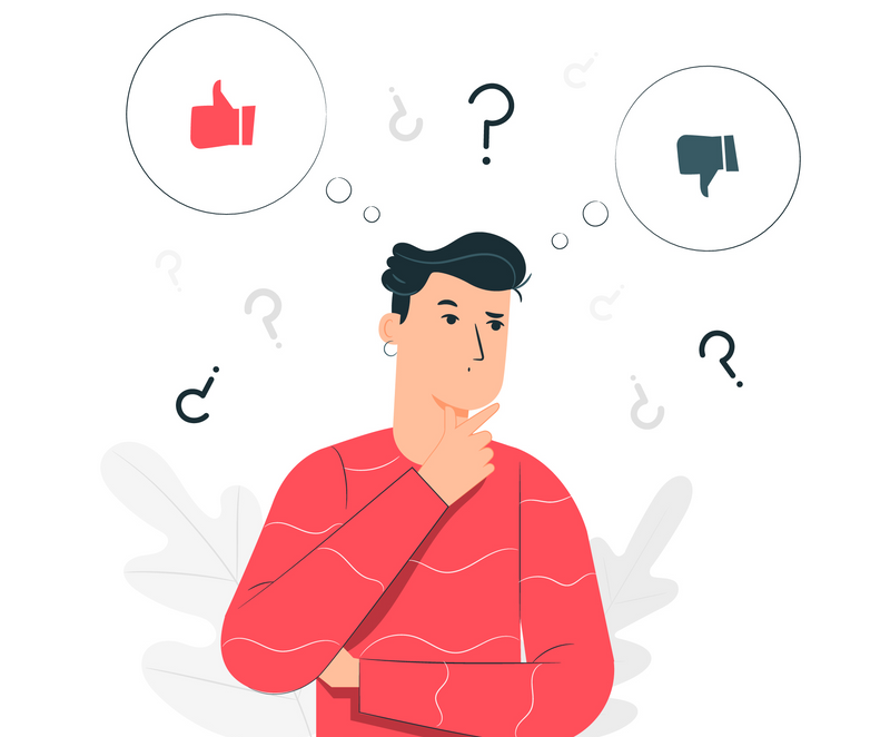 Illustration of man in red shirt with question marks surrounding him. 