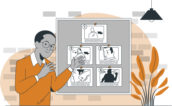 A masculine-presenting smirking person with dark melanated skin, collared sweater, and glasses is explaining a storyboard.