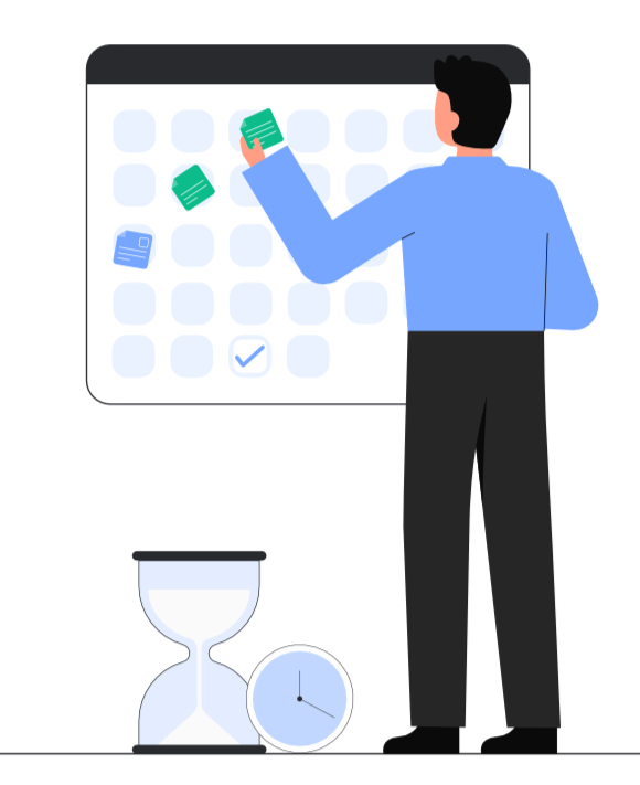 A man adds a note to a board with other notes and a checked box, with a clock and hourglass nearby.