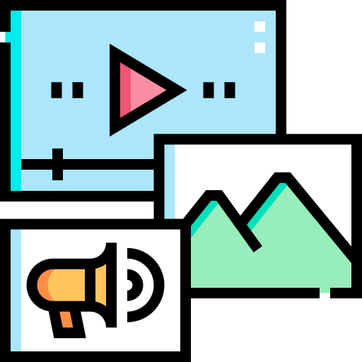 Icon of megaphone, video with 'play' button, and landscape image