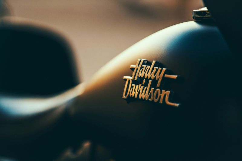 A motorcycle ad with the Harley Davidson logo written in a cursive style.