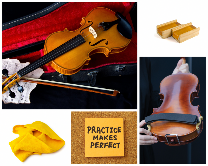 Series of images: violin, case, bow, soft cloth, shoulder, rest, and a 