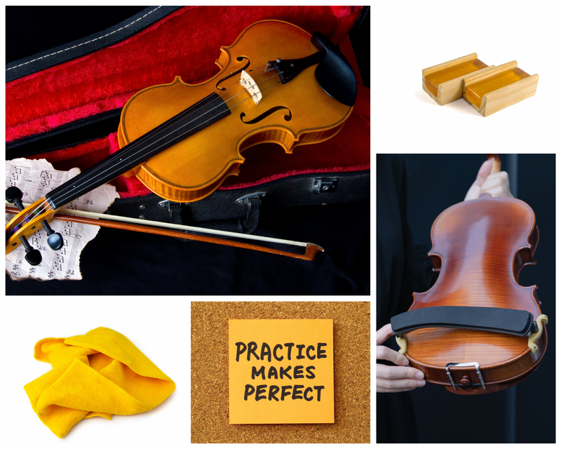 Series of images: violin, case, bow, soft cloth, shoulder, rest, and a 'practice makes perfect' note.