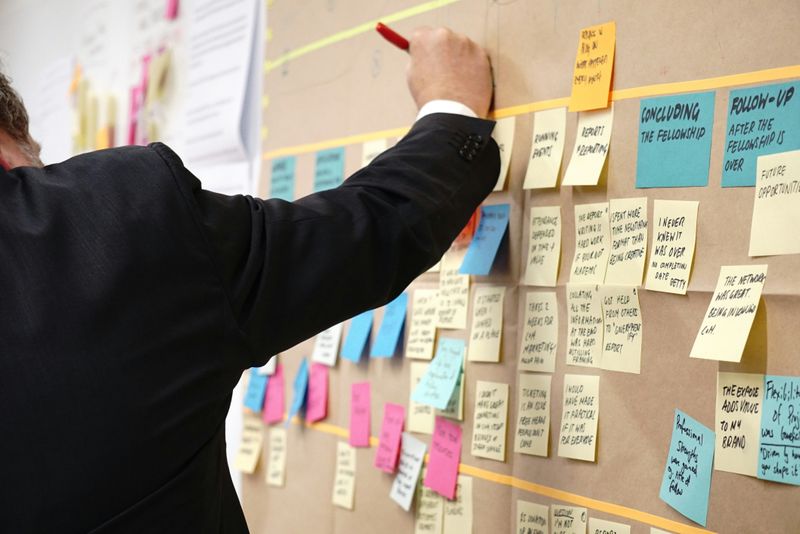 A board with many post-it notes. A man in a suit writes on one of post-it notes.