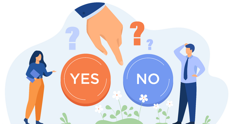 An image of yes and no icons with two people trying to decide between them.