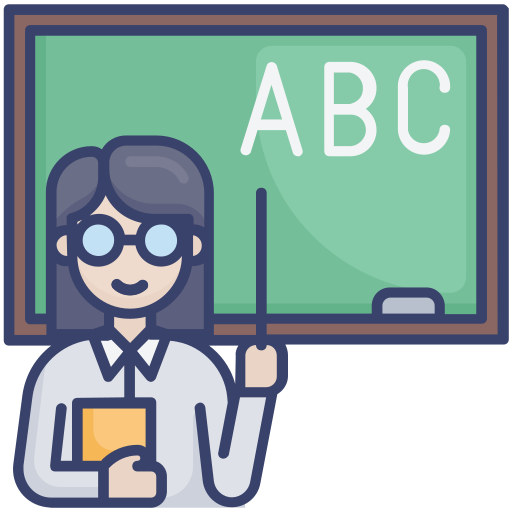Vector icon image of an English teacher facing the camera and pointing to a green board behind her